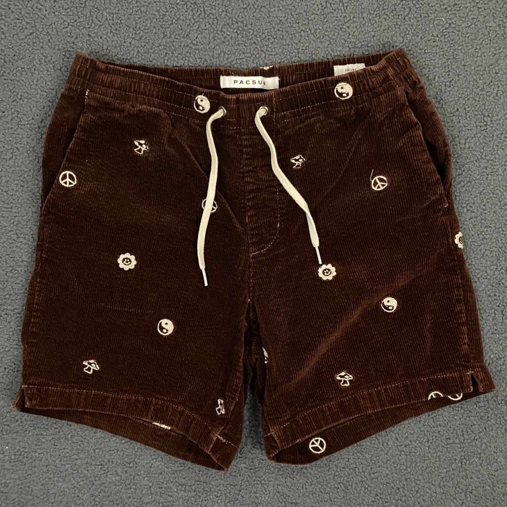 Pac Sun Corduroy Shorts Mens Small Brown Volley Mushroom Ying Yang Skate Surf